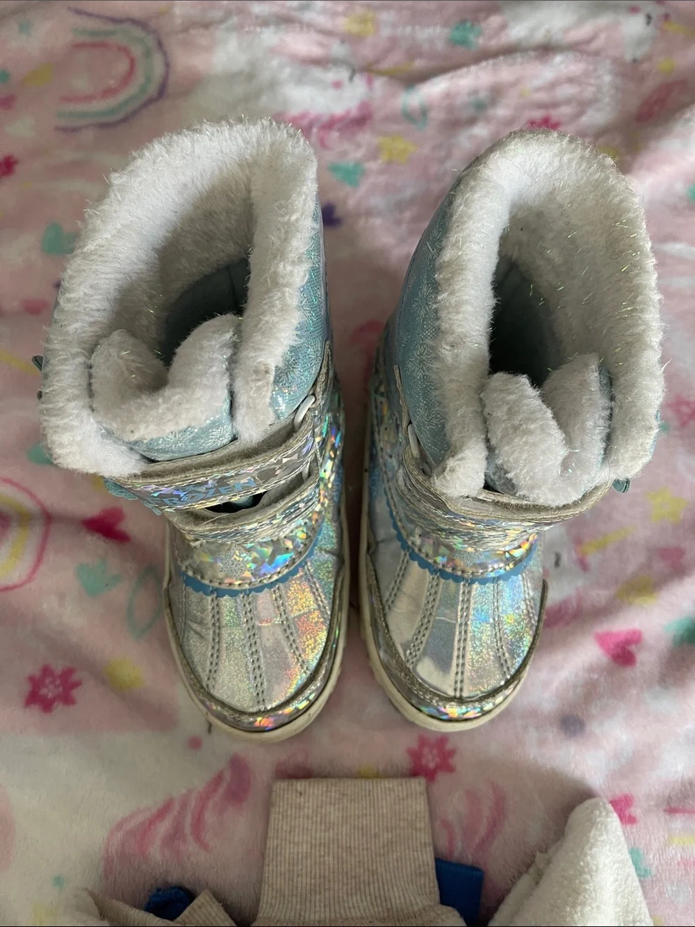 Disney Silver Holographic Kids Snow Boots with Faux Fur Trim